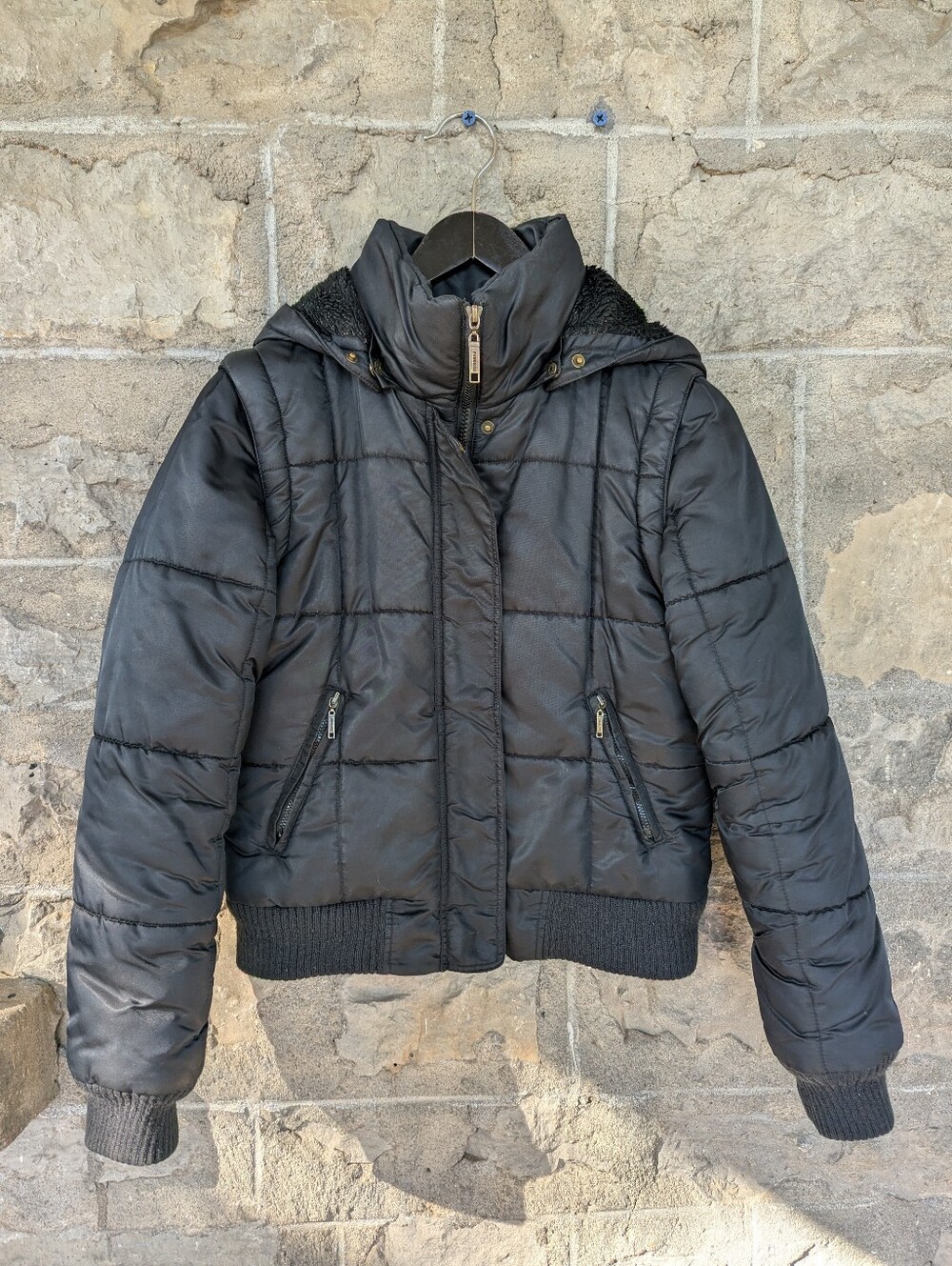 Vintage Extremely Rare Fiorucci Black Puffer Jacket with Hood Removable Sleeves